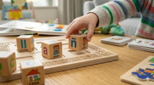 A child’s hand placing a wooden alphabet block featuring a Spanish character onto a wooden learning board.
