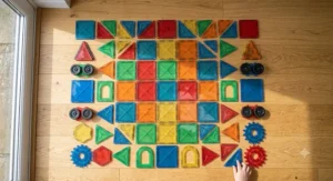 A flat-lay view of assorted colour magnetic building blocks, including squares, triangles, and wheels, laid out on a wooden floor.