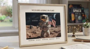 An engaging, framed educational print of an astronaut on a planet surface, designed to inspire young space explorers.