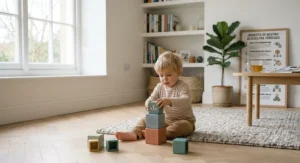 Infographic showing hand-eye coordination and motor skill development through stacking and nesting blocks.