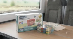 A neatly packaged travel building blocks set displayed as an ideal birthday or Christmas gift for children.
