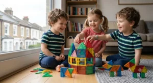 Young child building a tall 3D tower to help develop their spatial awareness and sense of balance.