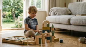 A young child building a castle with wooden building blocks on a rug.