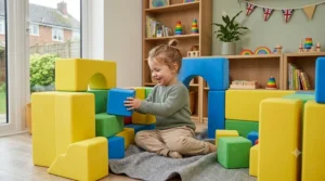 A young child playing inside a custom-built castle made from modular foam blocks.