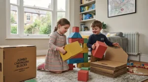 A young child easily carrying a large, lightweight cardboard building block with cut-out handles.