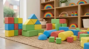Children collaborating to build a pirate den using large, colourful foam blocks.