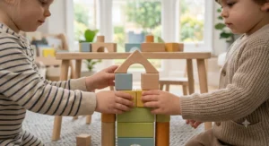 A close-up, collaborative photorealistic illustration captured at eye level on a Child-sized natural wood table set upon a grey wool rug. The blonde girl and the boy from the featured image are sitting side-by-side and sharing smiles, both actively adding natural and pastel-painted wooden blocks to a large, joint structure they are building together, demonstrating cooperative social play in soft daylight.