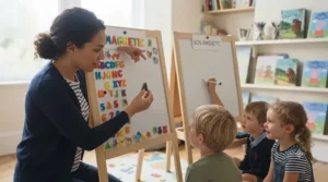 A teacher comparing magnetic and non-magnetic whiteboards in a UK nursery classroom setting.