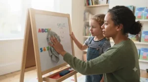 Parent demonstrating the easy-wipe cleaning process on a high-quality whiteboard for kids.