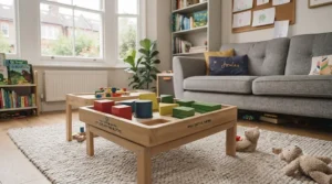 Natural light flooding a modern British playroom where a child plays safely with educational colour sorting blocks.