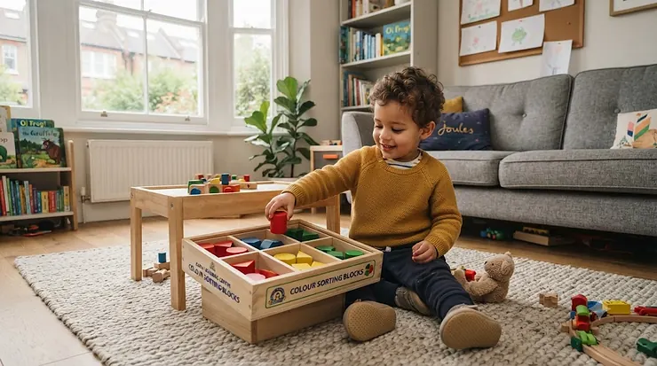 A diverse toddler in a bright British nursery engaged with wooden colour sorting blocks, developing early motor skills. colour sorting blocks toddler