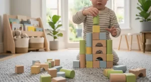 A photorealistic illustration demonstrating educational benefits, capturing a toddler’s small, detailed hands carefully placing a colourful wooden shape into a low-profile wooden sorting tray with clear dividers. Dozens of the same natural and pastel-painted wooden blocks, like cubes, cylinders, and arches, are meticulously sorted by shape into three distinct trays, all resting on a grey woven rug in soft, natural daylight.