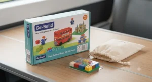 A compact travel building blocks set in a sturdy storage box, designed for easy packing in suitcases or rucksacks.