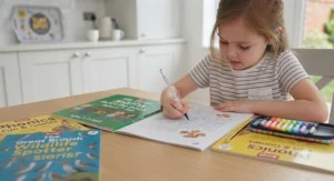 Child using felt-tip pens in creative colouring activity books for 5 year olds.