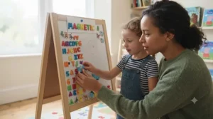 Demonstrating the scratch-resistant surface of a durable magnetic whiteboard designed for young children.