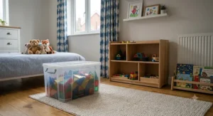 A sturdy plastic container on a light wooden floor, neatly holding a colourful set of magnetic building blocks after playtime.