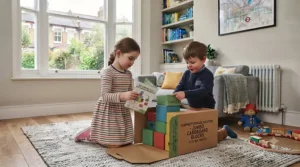 Recyclable, eco-friendly jumbo cardboard building blocks designed for sustainable children's play.