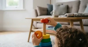 A curated collection of eco-friendly wooden stacking blocks and toys made from natural, sustainable materials, presented with a green Waitrose hessian bag and a "Dunton" ceramic teacup on a light oak table, emphasizing conscious consumerism and quality design in a British home.