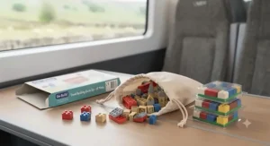 A young child developing fine motor skills by stacking bricks from a travel building blocks set indoors.