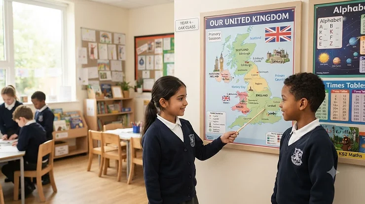 Two primary school pupils in uniform standing in a Year 4 classroom, discussing an educational wall chart map of the United Kingdom. educational wall charts