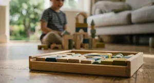 Various geometric wooden building blocks sorted by shape and size.