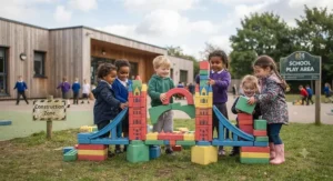 EYFS pupils engaging in collaborative construction with giant building blocks outdoors.