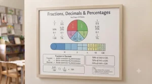 A maths educational wall chart showing the relationship between fractions, decimals, and percentages in a visual format.