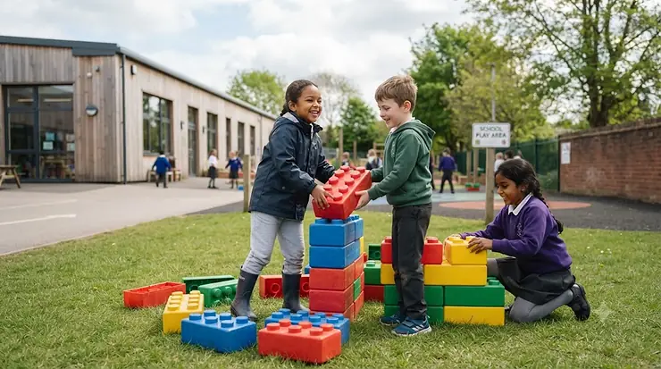 Children playing with giant outdoor building blocks in a British school playground. giant building blocks outdoor