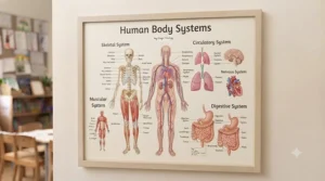 A biology-focused educational wall chart showing the human body and major systems with clear labels for school science displays.