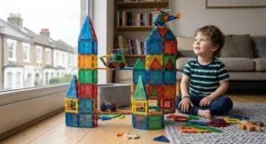Child using magnetic blocks to create imaginative animal structures like colourful creatures.