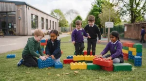 Pupils enjoying inclusive sensory play with colourful giant building blocks in a playground.