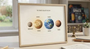 A high-quality, framed educational print showcasing the inner planets of the solar system in a clear, child-friendly style.