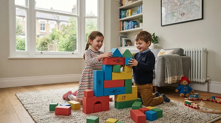 Colorful children playing with jumbo cardboard building blocks on a rug in a UK living room. jumbo cardboard building blocks