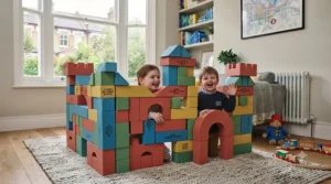 Group of children playing inside a large castle playhouse built from jumbo cardboard blocks.