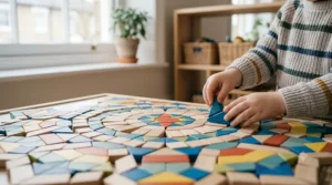 Creative mosaic designs and patterns built using wooden geometric blocks for kids.