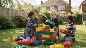 Children building a castle with giant outdoor building blocks on a suburban lawn.
