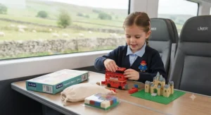 Children happily playing with a portable travel building blocks set while on a family train journey across the UK.