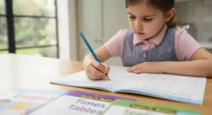 A student completing a structured Kumon maths worksheet focusing on daily repetition.
