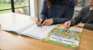 A comparison of Kumon maths exercises alongside School Zone activity workbooks.