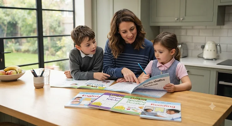 Side-by-side comparison of Kumon and School Zone workbooks for primary school children. Kumon vs School Zone workbooks