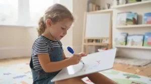 A toddler using a non-magnetic, easy-to-carry white board for creative drawing at home.