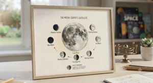 A framed, detailed chart illustrating the various phases of the Moon for a child’s bedroom or classroom.