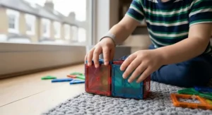 Close-up of a 3-year-old’s hands connecting magnetic blocks, improving their manual dexterity and control.