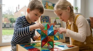 A close-up of two children collaborating to build a complex, colourful geometric polyhedron using magnetic building blocks, demonstrating advanced STEM concepts.
