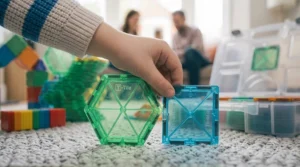 Various brands of magnetic tiles combined together to show how sets can be mixed for larger builds.