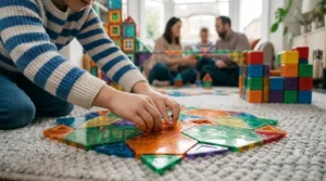 A child building a colourful, imaginative structure using geometric magnetic tiles.