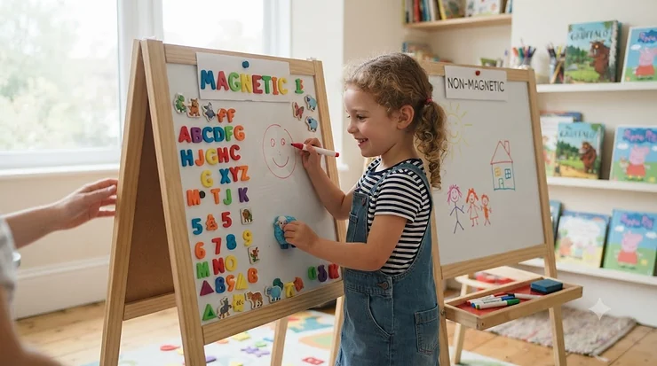 Comparison of magnetic and non-magnetic whiteboards for children to help parents choose the best option for home learning. magnetic vs non-magnetic whiteboards kids