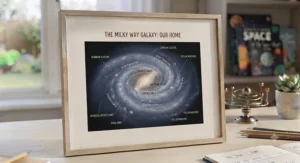 A beautifully detailed, framed educational print of the Milky Way galaxy, suitable for primary school science displays.