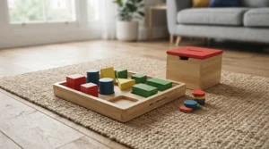 Montessori-inspired wooden toy set featuring vibrant colour sorting blocks and matching posting boxes arranged neatly on a mat.