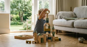 Montessori-inspired wooden construction toys for developing fine motor skills.